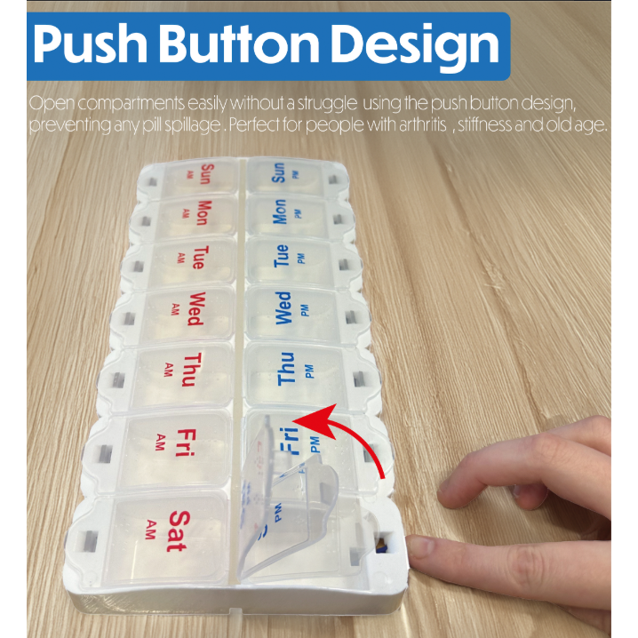 Deluxe AM/PM Weekday Pill Dispenser with Push Button Release